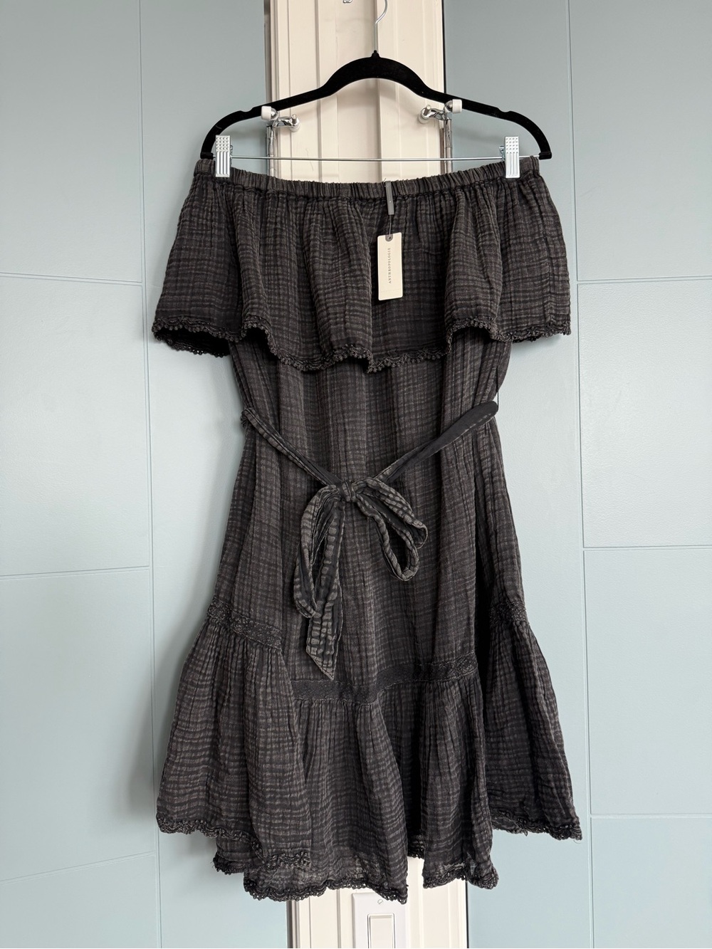 NWT Anthropologie Off-Shoulder Charcoal Black Ruffle Dress - Size L